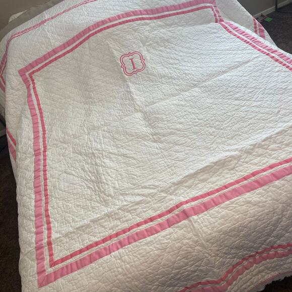 Pottery Barn Kids Monogram Cotton Quilt Full/Queen Size White Pink I Girls Room